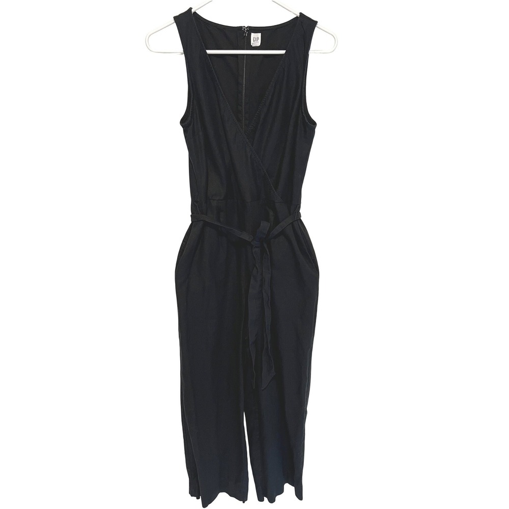 Gap Womens 6 Wide Leg Cropped Jumpsuit Black Linen Blend Sleeveless Chic Minimal